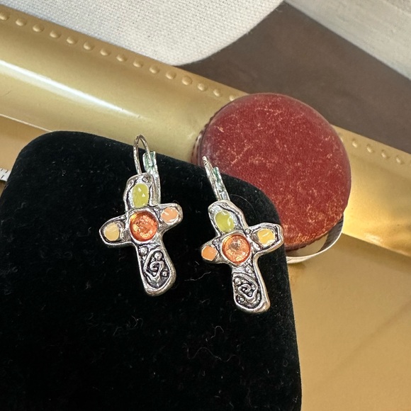 Abstract vibe silvertone cross earrings - Picture 3 of 4